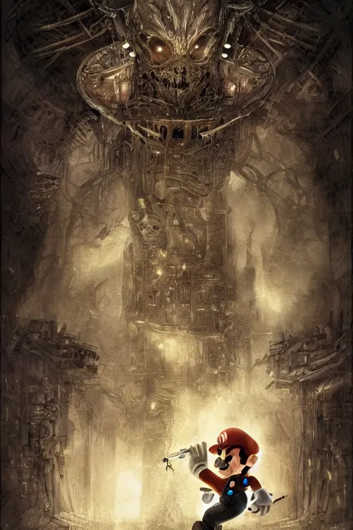 Prompt: mario getting ready for battle, fantasy magic, light night, intricate, elegant, sharp focus, illustration, highly detailed, digital painting, concept art, matte, art by h. r. giger, masterpiece