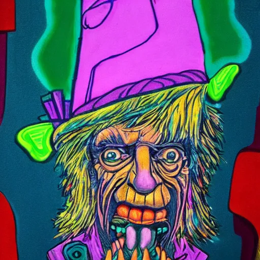 Image similar to old man wearing voodoo hat, mick jagger, art by meow wolf