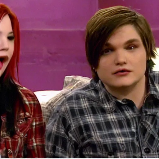 Image similar to a screenshot of Gerard Way talking with Carly in ICarly (2007) , low quality, vhs quality,