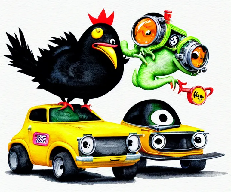 Image similar to cute and funny, black chicken wearing goggles driving a tiny hot rod with an oversized engine, ratfink style by ed roth, centered award winning watercolor pen illustration, isometric illustration by chihiro iwasaki, edited by craola, tiny details by artgerm and watercolor girl, symmetrically isometrically centered