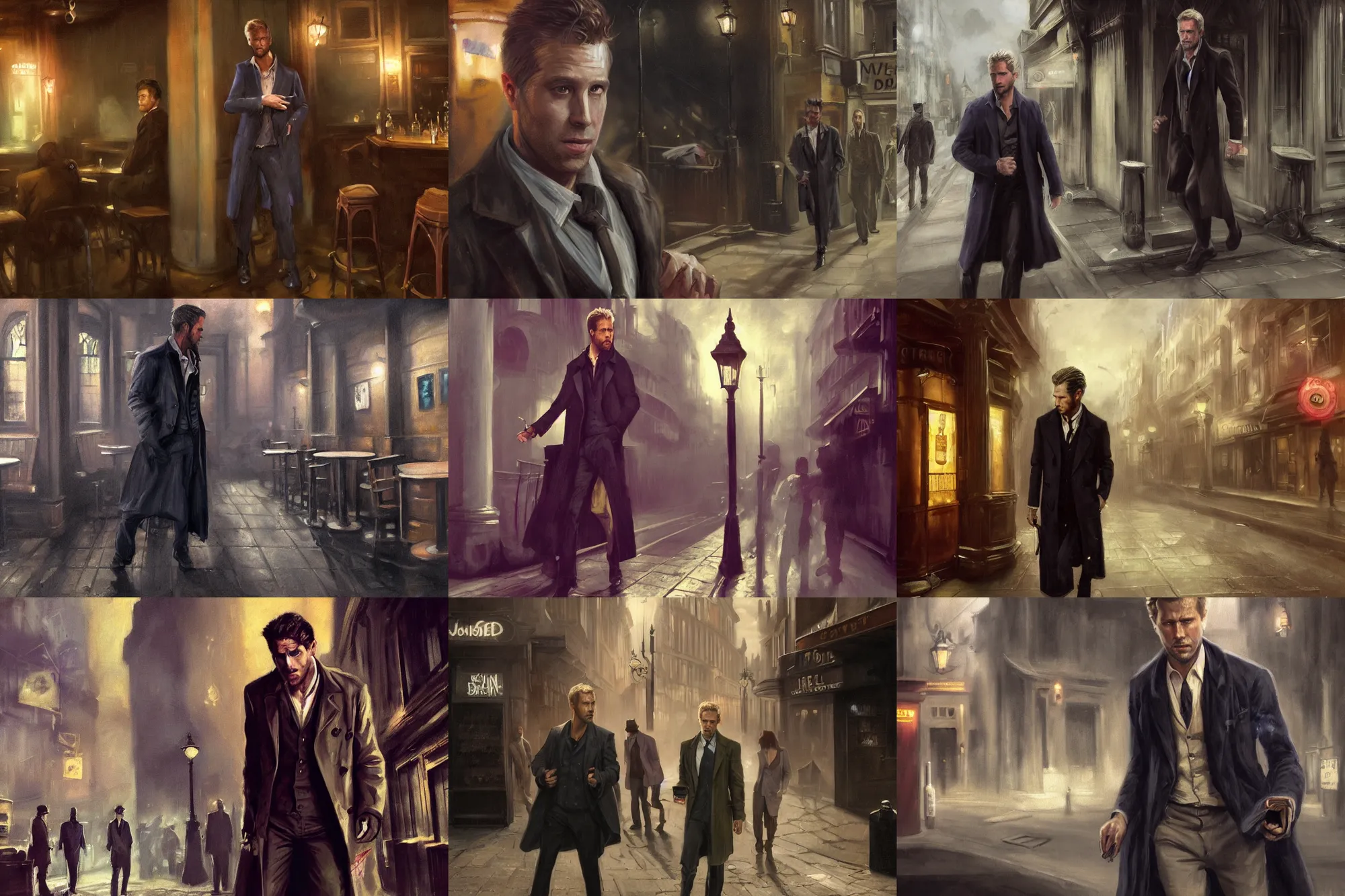 Prompt: matte painting character illustration of bruised john constantine going to lunch at a dive bar in london, digital painting, illustration, constantine, john singer sargent, magical creatures in the background, amazing values, 8 k, gothic, realistic face details, symmetrical face details, realistically rendered face, photorealistic eyes, moody lighting, octane render