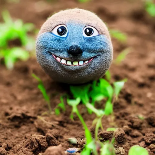 Image similar to photo of a small round creature made of dirt with round blue eyes and a round clown nose and a cute smile