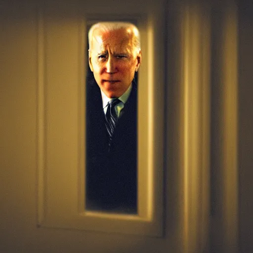 Image similar to dark setting, night time, I look at my window at night to see Joe Biden with red bloodshot eyes creepily staring through my window