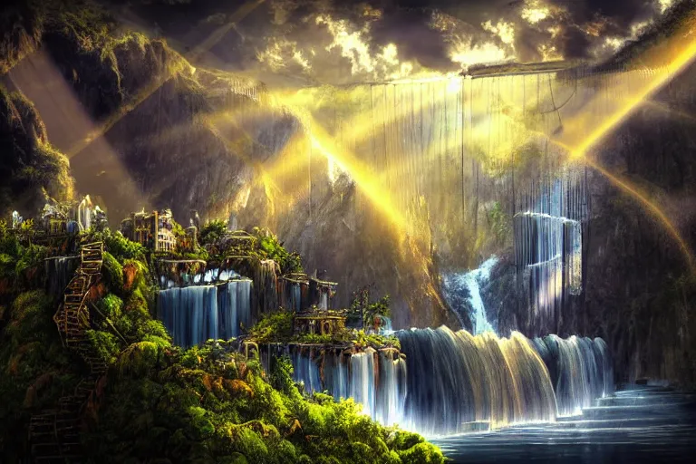 Image similar to gothic waterfall favela honeybee hive, art nouveau environment, crepuscular rays, industrial factory, award winning art, epic dreamlike fantasy landscape, ultra realistic,