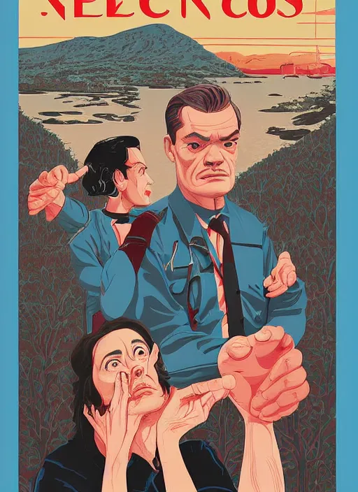 Image similar to Twin Peaks art, of Michael Shannon dressed as mechanic talking to Jennifer Connelly wearing light blue diner waitress dress, poster artwork by Tomer Hanuka, Sam Weber, Laurent Durieux, Katherine Lam from scene from Twin Peaks, from scene from Twin Peaks, clean, New Yorker magazine cover