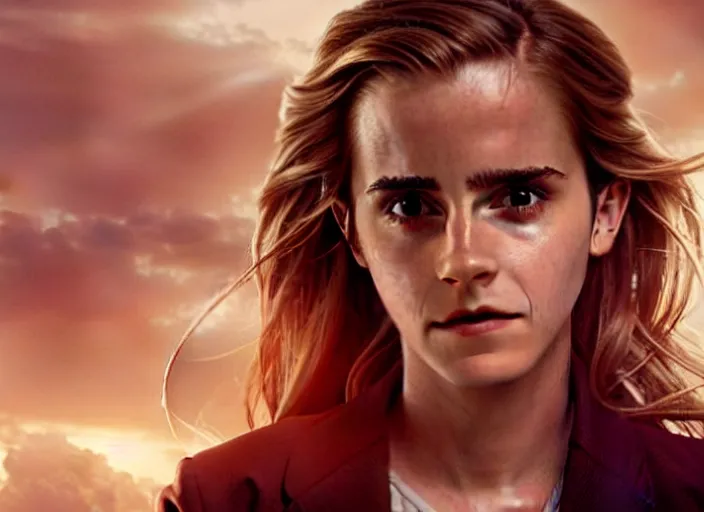 Prompt: film still. screenshot. emma watson as hermione granger. pointing her wand. action scene. slight motion blur. during golden hour. cinematic lighting. directed by christopher nolan and denis villeneuve. extremely detailed. 4 k.