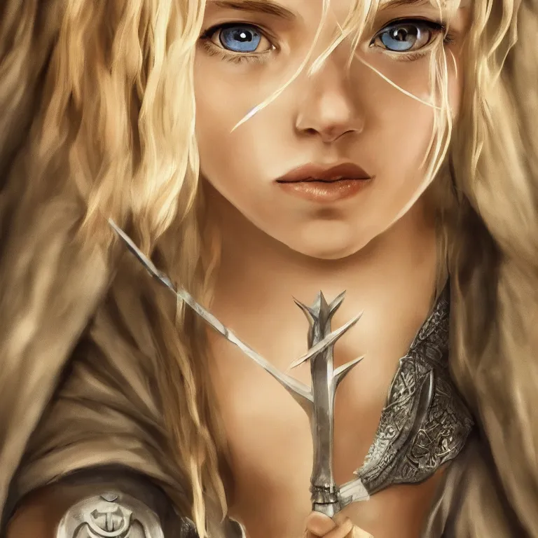 Prompt: extremely detailed cute blonde female, lord of the rings style, poster, full figure, cinematic, 8 k