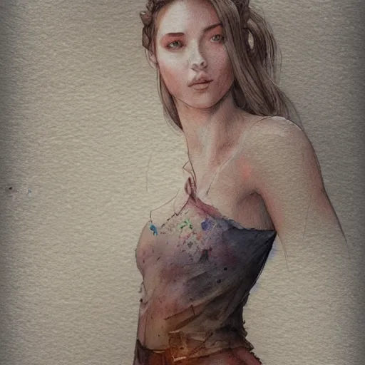 Image similar to sketch of a beautiful young woman, full body, watercolor background, pencil art, ink and pencil, hyperrealistic, hyperdetailled, digital art, greg rutkowski, artstation, 8 k, beautiful drawing, paper texture, spray paint, watercolors