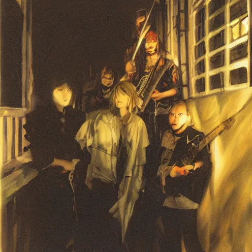 Image similar to anders zorn painting of an anime metal band photo, direct flash photography at night, film grain