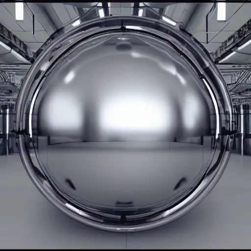 Image similar to big metallic capsule connected to pipelines, purpose is pump, standing in large industrial hall, designed by best engineers, raytracing, reflections