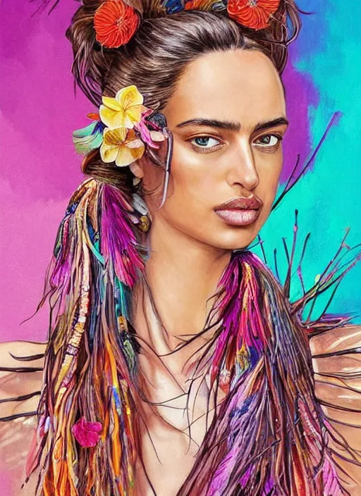 Image similar to beautiful portrait of Irina Shayk wearing fantastic Hand-dyed cotton dress,embellished beaded feather decorative fringe knots ,colorful pigtail,subtropical flowers and plants,dramatic,symmetrical face,intricate,elegant,highly detailed,8k,post-processing,digital painting,trending on pinterest, GUCCI,PRADA,concept art, sharp focus, illustration, by artgerm,Tom Bagshaw,Lawrence Alma-Tadema,greg rutkowski,alphonse Mucha
