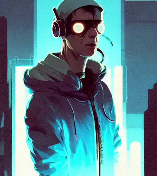 Image similar to cyberpunk synth, hyper - realistic portrait of a man in a hoodie, cyberpunk, by atey ghailan, by greg rutkowski, by greg tocchini, by james gilleard, by joe fenton, by kaethe butcher, dynamic lighting, gradient light blue, brown, blonde cream and white color scheme, grunge aesthetic