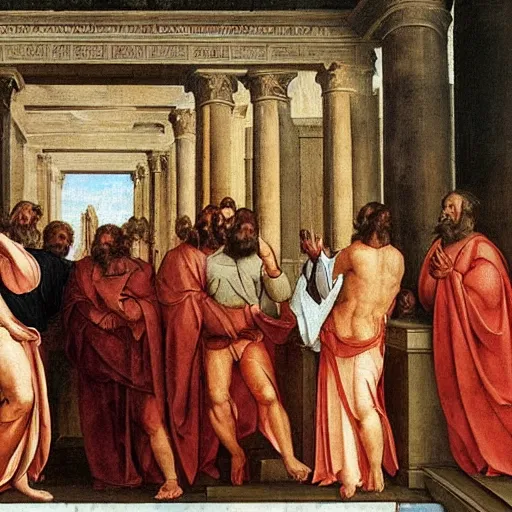 Prompt: slavoj zizek teaching philosophy in the academy of athens in ancient greece, highly detailed renaissance style painting