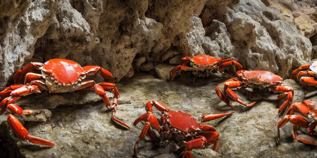 Prompt: crabs during a feeding frenzy inside of a cave, speleothems, limestone, rock strata, torches, rituals, carrion, extremely detailed, photorealistic, 4 k, 8 k