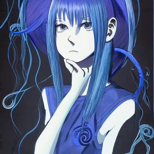 Prompt: half-length portrait character design. Anime key visual of an esoteric mysterious young woman with blue hair, with two tentacles instead of arms. Uzumaki; drawn by Junji Ito, top-rated on pixiv.