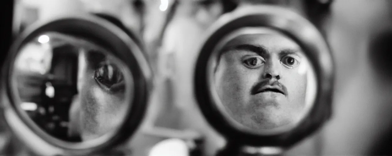 Prompt: a sentient hamburger staring at himself in the mirror canon 5 0 mm, cinematic lighting, photography, retro, film, kodachrome, closeup