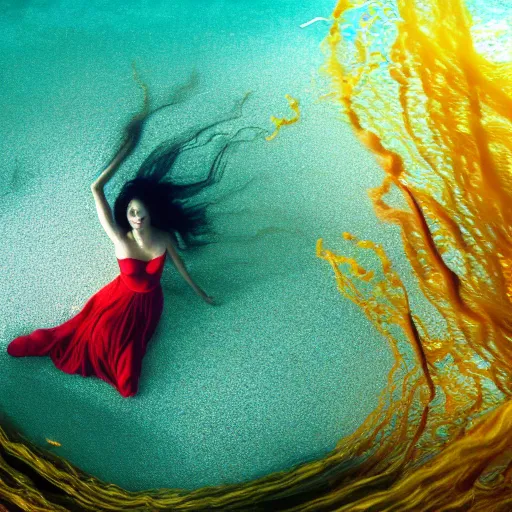 Image similar to woman dancing underwater wearing a long flowing dress made of yellow and red wire, coral sea bottom, swirling schools of silver fish, swirling smoke shapes, octane render, caustics lighting from above, cinematic, hyperdetailed