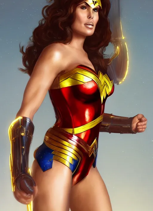 Image similar to portrait of raquel welch as a wonder woman, hyper detailed, digital art, trending in artstation, cinematic lighting, studio quality, smooth render, unreal engine 5 rendered, octane rendered, art style by klimt and nixeu and ian sprigger and wlop and krenz cushart.