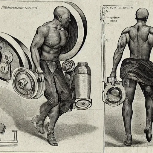 Image similar to a muscular bald man carrying engines on his back, technical diagram