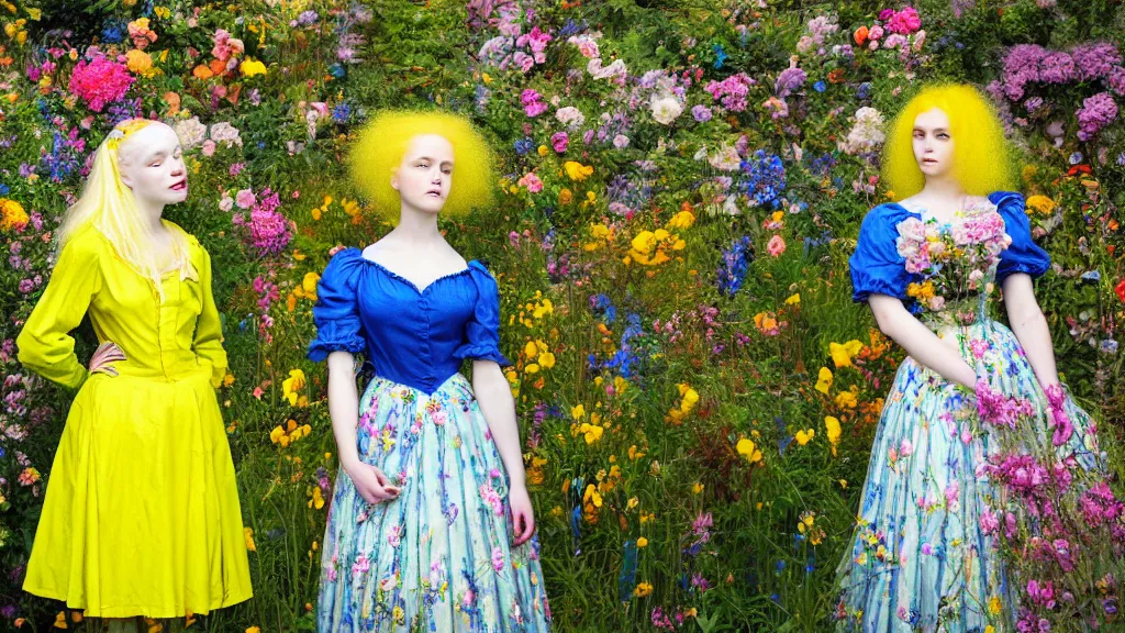 Prompt: photo-realistic portrait of two young women with neon yellow hair, wearing a blue dress by Vivienne Westwood, standing in a garden full of flowers, intricate details, in the style of John Everett Millais, black background