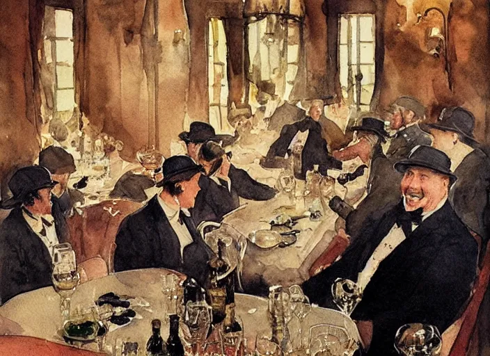 Image similar to gentlemens dinner, singing, roaring twenties, cellar, masterpiece, torches on wall, meat, wine, schnapps, watercolor by anders zorn and carl larsson, art nouveau