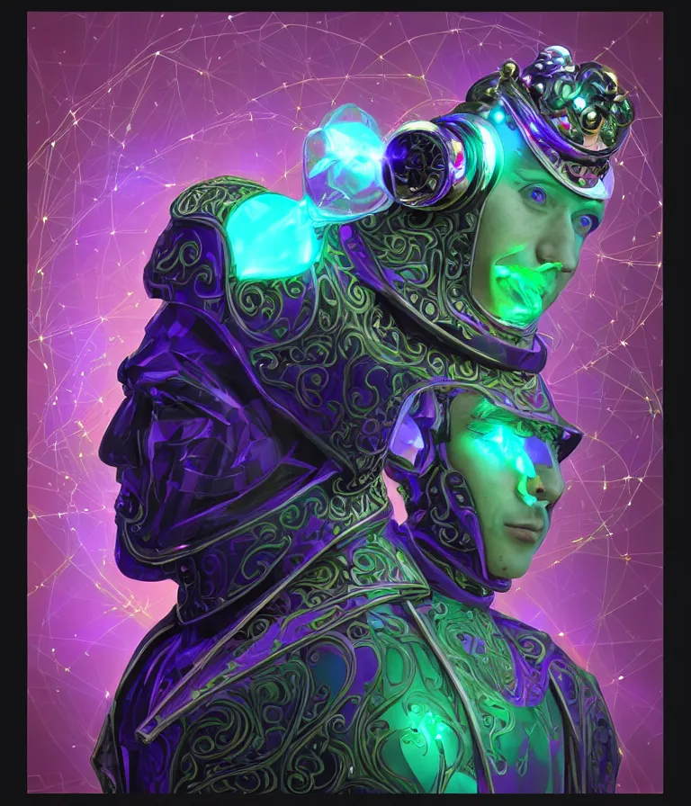 Image similar to front!!! shot of a court jester!!! character, hyperdimensional, bioluminescent hypercubes, dark holography!!!, future, chrome, (((intricate))), ((raytracing)), elegant, highly detailed, centered, (((artstation, concept art, smooth, sharp focus, artgerm, Tomasz Alen Kopera, Peter Mohrbacher, donato giancola, Joseph Christian Leyendecker, WLOP, Boris Vallejo))), mugshot!!!!!, ugly!!!!!!, octane render, nvidia raytracing demo, octane render, nvidia raytracing demo, octane render, nvidia raytracing demo, grainy, muted, 8K, digitalblasphemy, metatron