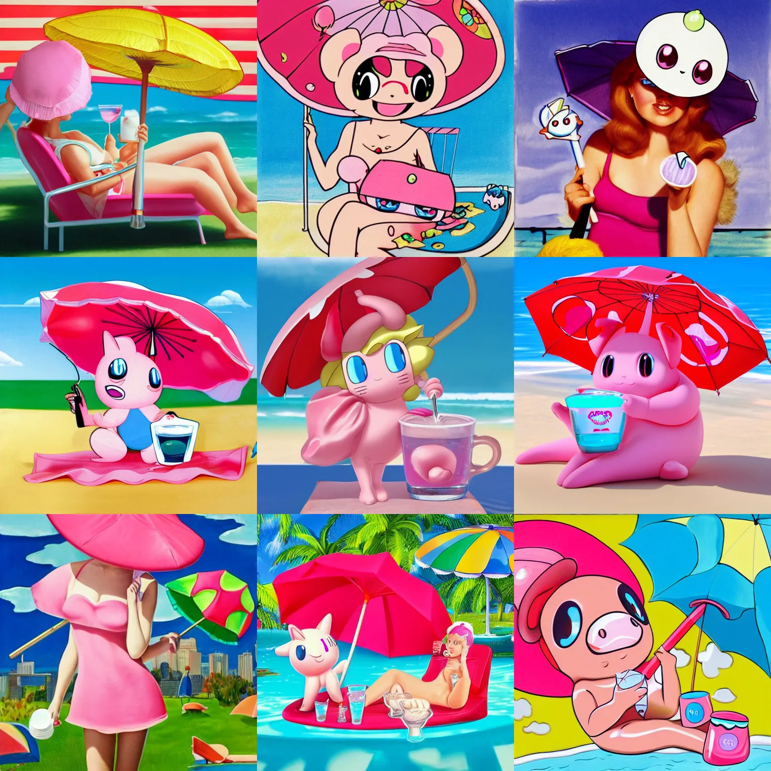 Prompt: Jigglypuff cartoon drinking coco-cola and wearing umbrella sunhat on a sunbed for summer holidays