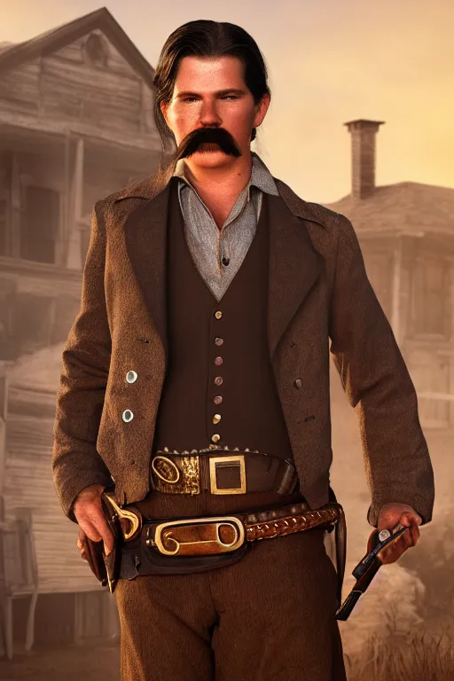 Image similar to highly photorealistic render of young val kimer as wyatt earp from tombstone set against a western town, intricate detail, attention to details, realistic color scheme, volumetric lighting