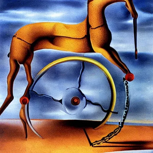 Image similar to A horse with wheels splits the fabric of time. Painting by Salvador Dali.
