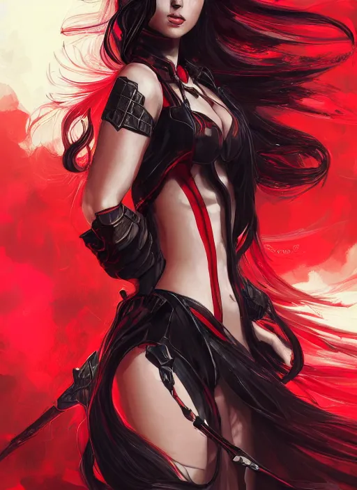 Image similar to a highly detailed illustration of elegant long black haired woman wearing red and black battle dress, heroically posing, with rainbow magic surrounding her, intricate, elegant, highly detailed, centered, digital painting, artstation, concept art, smooth, sharp focus, league of legends concept art, WLOP