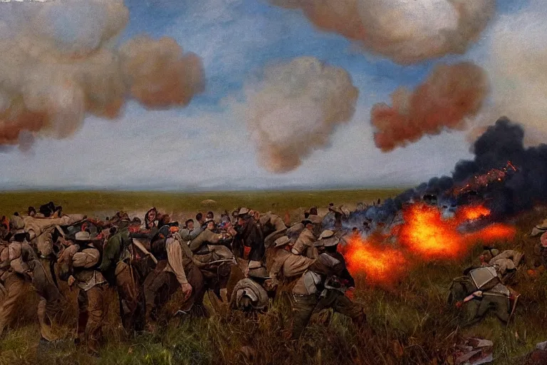 Prompt: american civil war trench battle in the style of jules breton, huge explosions everywhere, clouds of smoke