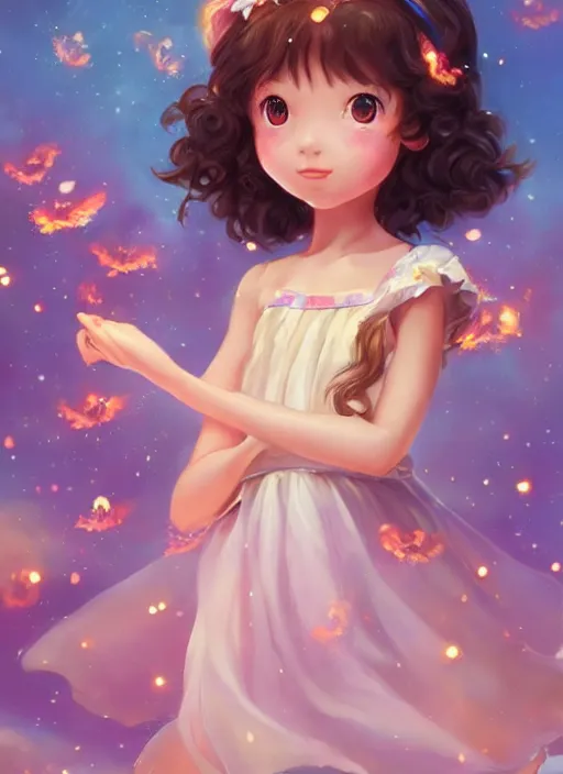 Image similar to A cute little girl with shoulder length curly brown hair with a happy expression wearing a summer dress dancing with fireflies, she is in the distance. beautiful fantasy art by By Artgerm and Hayao Miyazaki, trending on artstation.