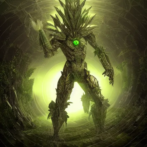 Image similar to vegetal humanoid armored botanical rune covered armor nanotechnology kryptonite protomolecule utility fog tendrils high contrast cinematic light, mystical shadows, sharp focus, divine realm of gods, octane render