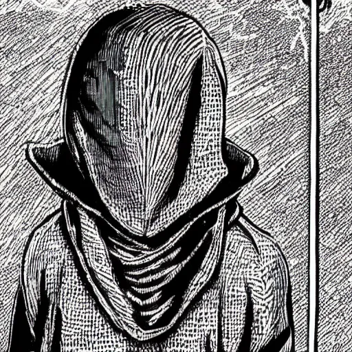 Image similar to hooded man with concealed face, junji ito,