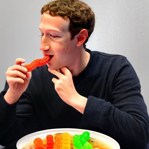 Image similar to mark zuckerberg eating gummy worm ramen