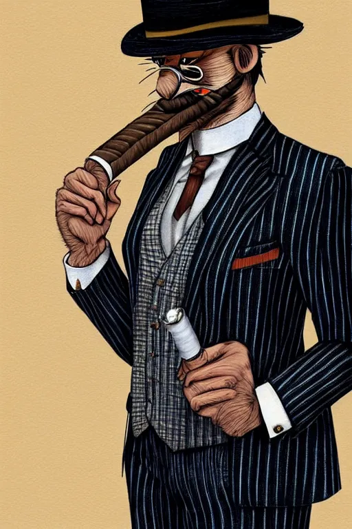 Image similar to beautiful portrait commission of a male furry anthro mountain goat wearing a pinstripe suit and waistcoat, smoking a cigar, award-winning, detailed, trending on artstation