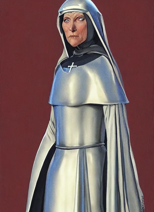 Image similar to a nun wearing a medieval armor. intricate detail armor. nun clothes. art by ralph mcquarrie, ralph mcquarrie artwork. portrait.