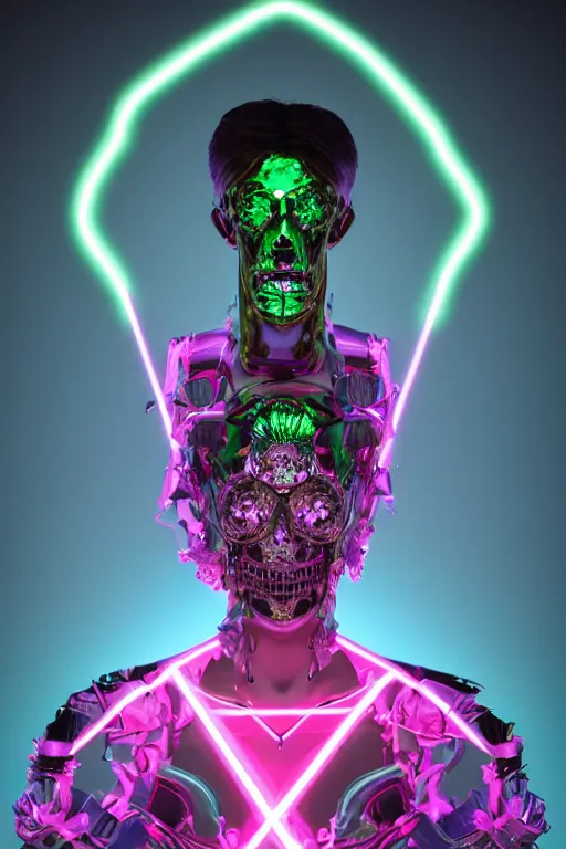 Image similar to full-body sculpture of a young handsome Spanish prince as a half android with a glowing green diamond in his chest, pink laser beams coming out of his eyes, crown of giant jewels, flowing neon-colored silk, human skull mask, geometric shapes in a cyperbunk and baroque style. intricate artwork by caravaggio. Trending on artstation, octane render, cinematic lighting from the right, photorealistic, octane render, 8k, depth of field, 3D