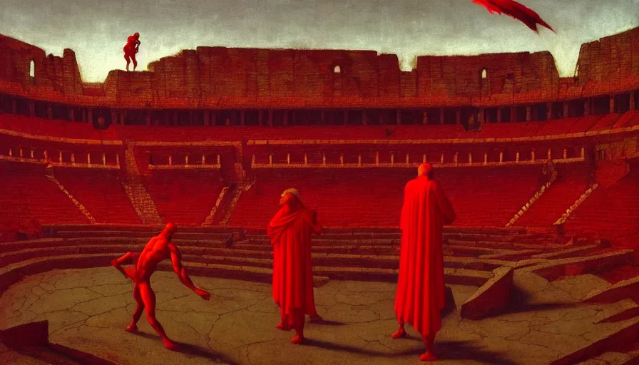 Image similar to only with red, a red gladiator in a crowded roman amphitheatre, crowd cheers him, in the style of beksinski, parts by edward hopper, parts by rodcenko, parts by yue minjun, intricate and epic composition, red by caravaggio, insane quality, highly detailed, masterpiece, red light, artstation