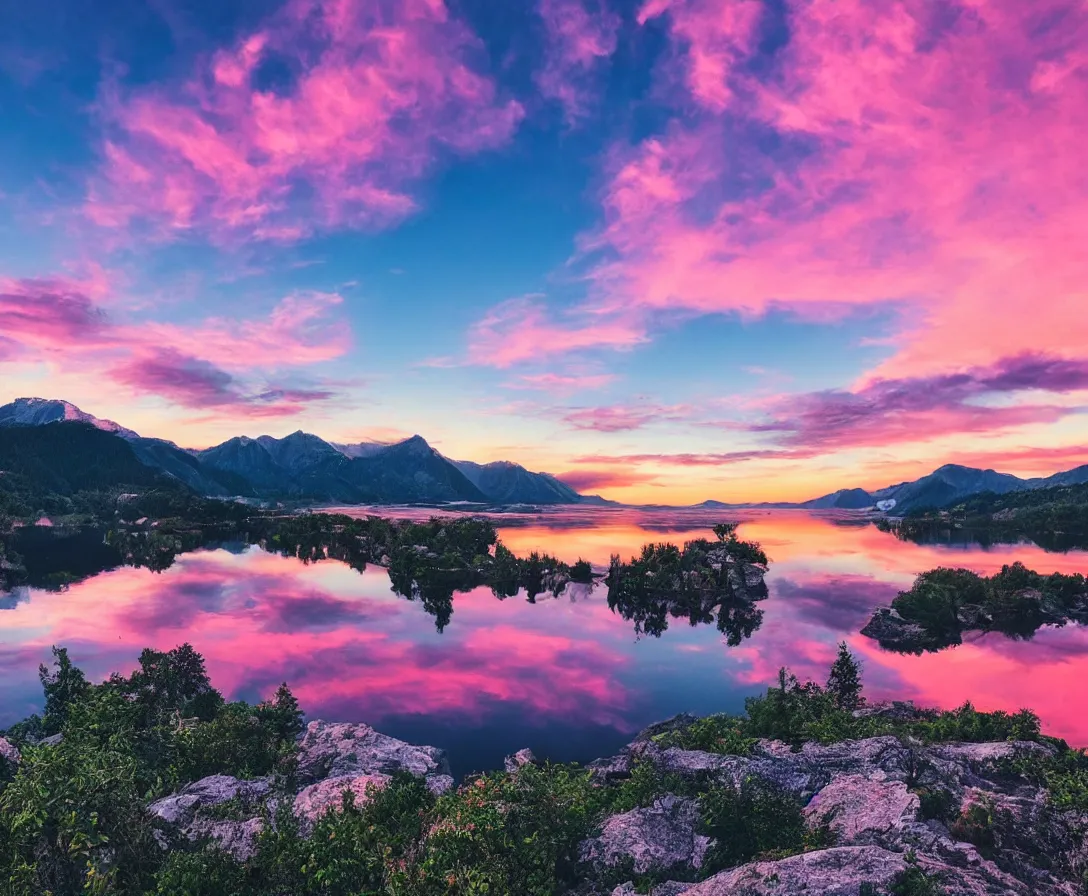 Image similar to wide angle photography, majestic mountains, beautiful lake, lush landscape, pink sky, sunset