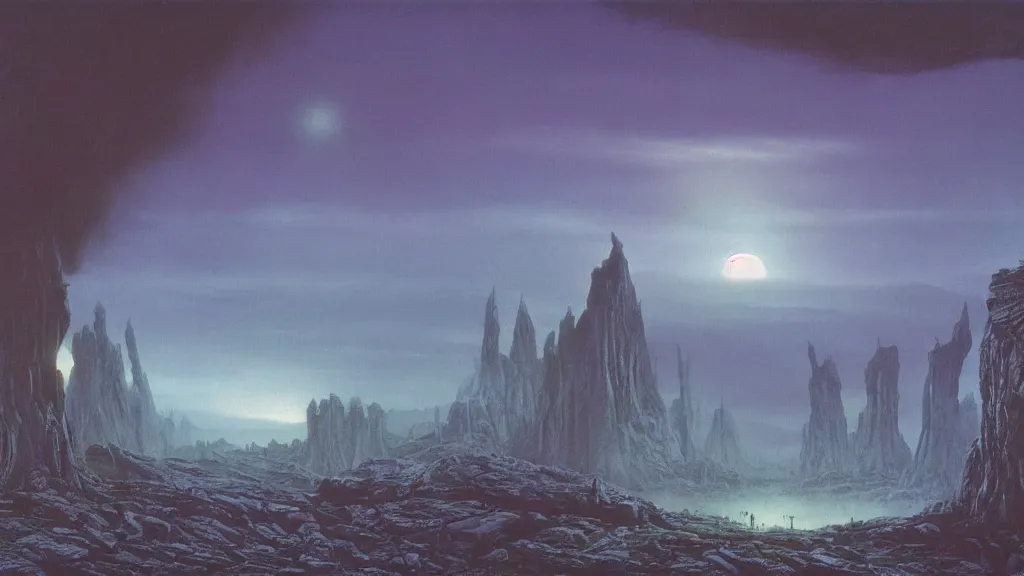 Prompt: eerie atmospheric alien planet with sinister landscape by angus mckie and bob eggleton and chris moore, epic cinematic matte painting