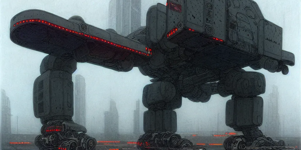 Image similar to matte painting of gigantic huge mech covered with wounds, black, pastel matte colors, staying in the foggy huge parking station, by moebius, hyperrealism, intricate detailed