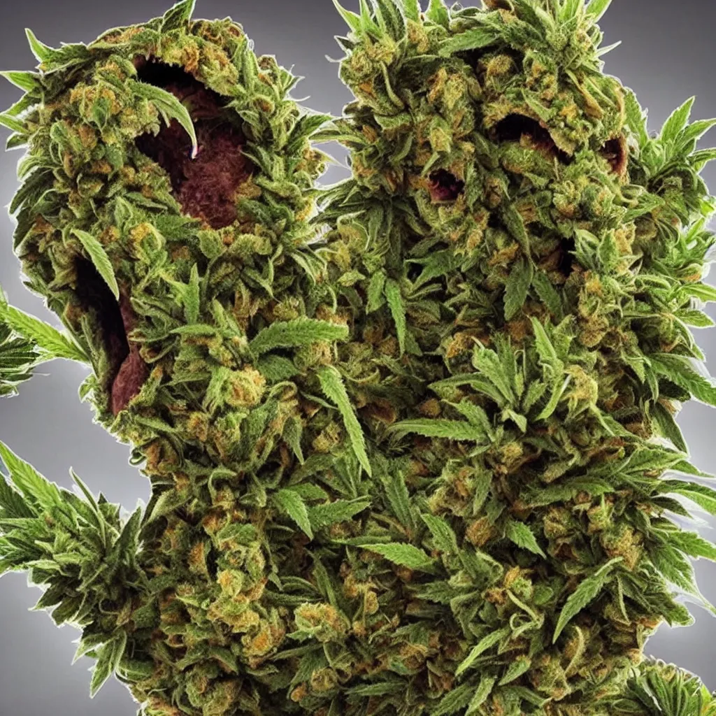 Image similar to a hyperrealistic Cannabis Monster