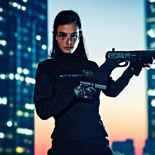 Image similar to photographic portrait of a techwear woman holding a Glock 18, closeup, on the rooftop of a futuristic city at night, sigma 85mm f/1.4, 4k, depth of field, high resolution, 4k, 8k, hd, full color