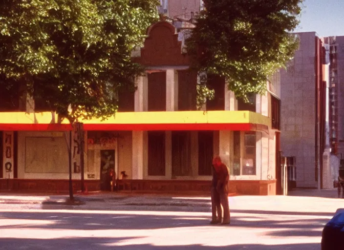 Image similar to still from a 7 0's art house movie by alejandro jodorowsky, edward hopper and chris cunningham : : outdoors scene in an urban setting : : cinestill 8 0 0 tungsten 3 5 mm, high quality, triadic color scheme