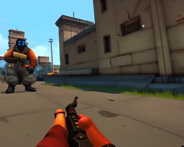 Image similar to TF2 screenshot 'koth_clownworld' with game HUD, source engine footage, game HUD, heavy weapons guy