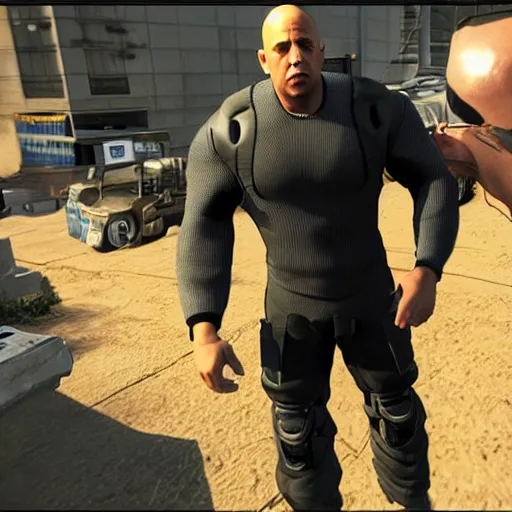 Prompt: Vin Diesel donning an HEV Mk. V suit starring in Half-Life 2