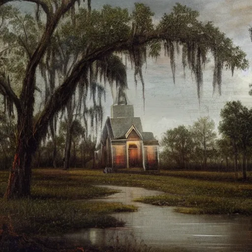 Image similar to 1 9 e century southern gothic scene, old white wooden church in bayou swamps, in louisiana, old painting style claude gellee