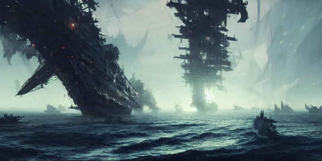 Prompt: A large ship armada is getting destroyed by a giant kraken monster. In style of Yoji Shinkawa and Hyung-tae Kim, trending on ArtStation, Greg Rutkowski, dark fantasy, great composition, concept art, highly detailed, scenery.