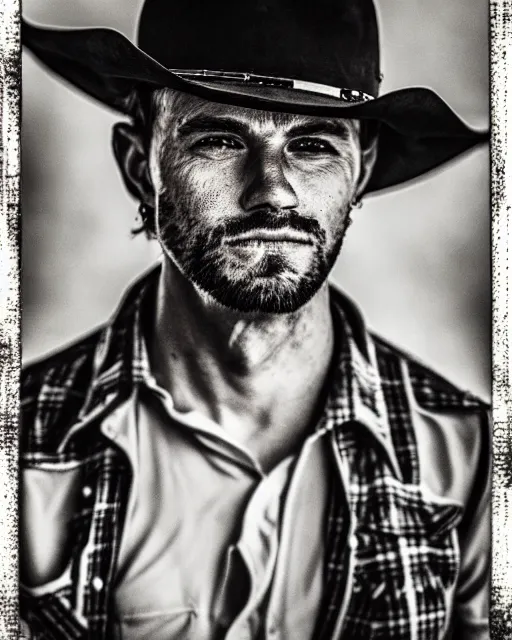 Image similar to portrait of cowboy, black and white polaroid, western, high production value, intricate details, high resolution, hyperrealistic, hdr, high definition, award winning photography, masterpiece, ultra realistic, highly detailed, hd, sharp focus, cinematic lighting, shaded, non blurry, sharp, smooth